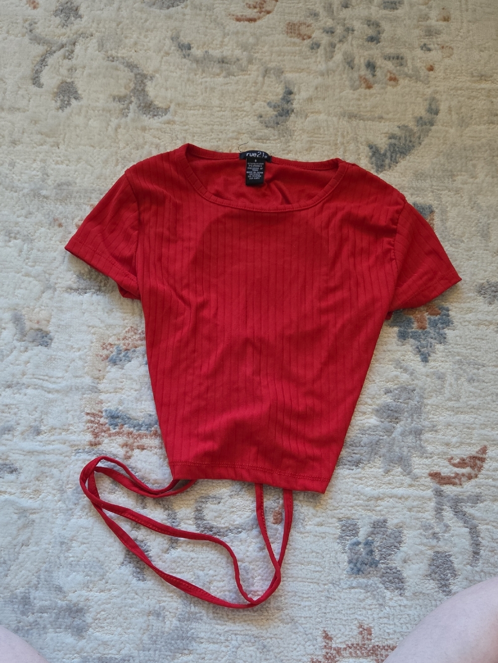Rue21 Red Ribbed Tie-Front Short Sleeve Crop Top